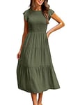 Yuson Girl Robe Longue Femme Ete Robe de Plage Boheme Casual Robe Maxi de Cocktail élégante Robe à Col Rond et à Manches Volantées élastique Taille Haute (Vert, M)