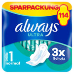 always Sanitetsbindor med vingar Ultra Normal månadsförpackning, 114 bindor (3 förpackningar x 38 stycken)