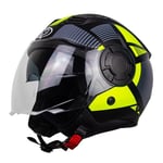 One by Camamoto | Casque Alfa 2.0 Jet/Demi-Jet pour Moto et Scooter, Noir Mat - Jaune Fluo, Double Visière, Homologué ECE R22-06, Taille L (59 cm)