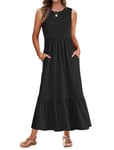 AUSELILY Robe Longue Femme Ete Robe sans Manches Robe de Plage Longue Legere Fluide Maxi Robe Taille Empire avec Poches Noir L