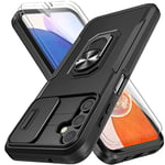 Giolus for Samsung Galaxy A14 4G / A14 5G Case with Slide Camera Cover + 2 Screen Protector, Military Shockproof Full Body Protective Rugged Phone Case, Built in 360° Ring Holder Kickstand, Black