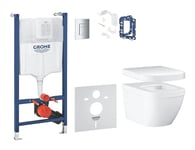 GROHE Solido Euro 39889000 Ensemble 6 en 1 WC mural avec siège, plaque de déclenchement, élément de fixation, kit d'isolation acoustique, angle mural, Grohe Fresh, blanc alpin