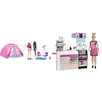 Barbie It Takes Two Camping Playset with Tent & Coffee Shop with Doll and 20+ Realistic Play Pieces: Coffee Shop, Coffee-Smoothie Maker, GMW03