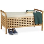 Banc de rangement spacieux, bois, coussin en lin, h x l x p : 46,5 x 92,6 x 49 cm, nature et blanc - Relaxdays