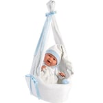 Llorens 1074005 Poupée de bébé avec Yeux et Corps Doux et Tenue Bleue avec Bonnet à Pointe, tétine, Attache-tétine et Berceau Suspendu 42 cm