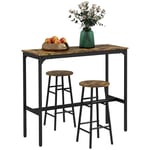 HOMCOM Ensemble Table de Bar bistrot + 2 tabourets avec Repose-Pieds Table Mange-Debout Structure en Acier Design Industriel Table Haute de Cuisine Plateau Aspect Brun Rustique Noir