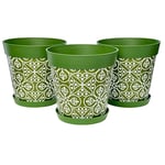 Hum Flowerpots set of 3 plastic, indoor/outdoor plant pots 25cm diameter and 3 saucers 19cm diameter (Moroccan Green)