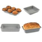 Salter Marblestone 4 Piece Baking Set - Non-Stick 6-Cup Muffin Tray, Square Pan, Deep Baking Tray & Loaf Baking Pan, Oven Safe Up to 220°C, Durable & Sturdy Carbon Steel, Lightweight, Easy Clean