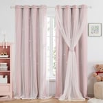 Deconovo Blackout Curtains 84 Drop Thermal Insulated Double Layer with Net Curtains Hollow Out Star Pattern Curtains for Girls Bedroom with Tie Backs 52x84 Inch Pink/Grey 2 Panels