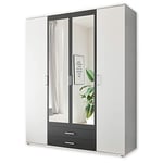 Stella Trading Hanau Armoire Polyvalente pour Chambre, avec 4 Portes Battantes et Miroirs, Blanc/Graphite, Dimensions (l x H x P) 160 x 196 x 54 cm