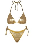 Metallic Bikini Sets For Women - Silver Micro Bikini Sexy Swimwear Halter Neck Triangle Top High Waisted Tie Side Thong Bottom Shiny Swimsuit(Gold,M,1026r)