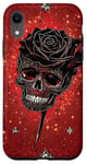 Coque pour iPhone XR Rose noire et crâne sur toile rouge