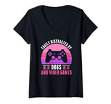 Womens Easily Distracted by Video Games and Dogs Gamer Women Girls V-Neck T-Shirt