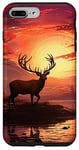 Coque pour iPhone 7 Plus/8 Plus Cerfs à l'orignal du lac dans la forêt à la nuit wapiti coucher de soleil et arbres.
