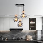 3 Lampes Lustre Suspension Industrielle Moderne Plafonnier avec Base Ronde Abat-jour en Forme Diamant Lampe de Plafond en Métal et Bois pour Salon