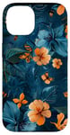 Coque pour iPhone 14 Motif floral abstrait bleu avec abeilles tropicales vintage