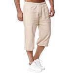 Sprifloral Mens Linen Shorts 3/4 Length Pants Summer Trousers Beach Yoga Joggers Casual Sweatpants Khaki S