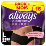 Always Discreet Boutique, 16 Culottes Incontinence Femme, Plus 6 Gouttes, Sous-Vêtements Taille L Basse, Noire, Protection Très Absorbante pour Fuites Urinaires Importantes, Pack 1 Mois