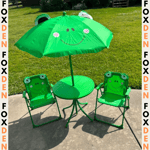 Kids Foldable Patio Table and Chairs Set Metal Picnic Table Frog Umbrella Green