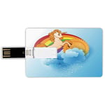 32G USB Flash Drives Credit Card Shape Unicorn Home and Kids Decor Memory Stick Bank Card Style Unicorn with a Single Horn Forehead on Sun Fluffy Clouds Art Print,Multi Waterproof Pen Thumb Lovely Jum