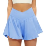 Friptspyg Shorts Sport pour Femmes Courtes V Cross Shorts de Sport Taille Haute Shorts de Course 2-en-1 Shorts de Running D'été Tennis, Bébé Bleu XL