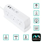 2m Extension Lead 6 Socket with 2 USB A Surge Protected Power Block - Masterplug