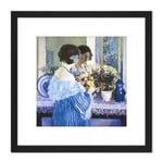 Frieseke Girl Blue Arranging Flowers Painting 8X8 Inch Square Wooden Framed Wall Art Print Picture with Mount