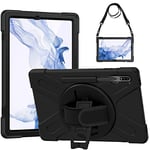 Gerutek Coque Antichoc pour Samsung Galaxy Tab S9 FE+ Plus 2023/S9+ Plus/S8 Plus 2022/S7 Plus/S7 FE (12.4 Pouces), Étui Armure Robuste avec Support Rotatif, Dragonne et Bandoulière, Porte-Stylet, Noir