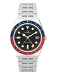 Timex Mens Q Gmt 38Mm Sst Case Black Dial Red Accent Bracelet Silver