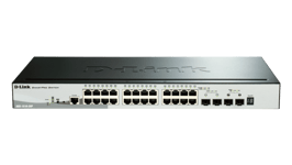 D-LINK – Gigabit Stackable SmartPro kytkin, L2, 1000Mbps, 24xRJ45, 2xSFP, 2xSFP+, PoE, musta/harma