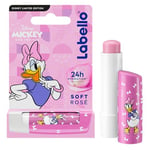 LABELLO Soft Rosé Daisy Duck édition limitée Disney (1 x 5,5 ml), Stick à lèvres nacré hydratant pour enfants, Baume à lèvres nourrissant hydratation longue durée