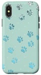 Coque pour iPhone X/XS Motif pattes de chien gris bleu clair, sur un vert menthe