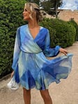 In The Style Perrie Sian Blue Tie Dye Godet Detail Wrap Swing Dress, Blue, Size 12, Women