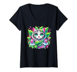 Womens Beloved Cat with Green Leaves Cat Lovers Pink Waterfalls V-Neck T-Shirt