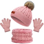 Bonnet Hiver Tour de Cou Chaud Enfant Ensemble Set de 3 Pièces Ensemble Chapeau Bonnet Écharpe Gant Tricot Doublure Épaisse pour Fille Garçon(3-8 ans) (Rose)