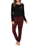 Vlazom Pyjama Femme Hiver Ensemble de Pyjama à Manches Longues Vêtements de Nuit à Carreaux avec Poches pour Noël，A-Noir/Rouge，L