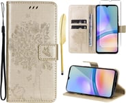 - Coque Pour Samsung Galaxy A05s [1x Verre Trempé] Étuis Rabat Folio Protection Housse Cuir Pu Portefeuille Silicone [Fermeture Magnétique][Emplacements Cartes][Stand Feature] - Or