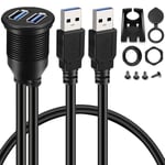 2 portar Dubbel USB 3.0 AUX Infälld Montering Bilmontering Förlängningskabel för Bil Lastbil Båt Motorcykel Instrumentpanel - 3Ft