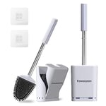 Fowooyeen Brosse WC Silicone, Brosse Toilettes, Balai Toilette Plate et Support, Balayette WC Suspendu sans Percageà, Toilet Brush Mural avec Manche Long en Acier Inoxydable, Blanc, Paquet de 2