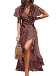 CUPSHE Women Summer Wrap Maxi Dress Casual Split Flared Sleeve V-Neck Ditsy Dress Tie Waist Ruffle Beach Dress Red XS