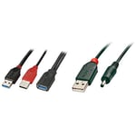 LINDY Câble prolongateur USB 3.0 Dual Power Type A, noir, 0,5m & Câble adaptateur USB vers prise DC 1,35/3,5mm, 1,5m