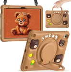 Coque Enfant Ours Pour Ipad 10ème Génération 10,9 Pouces 2022,Étui De Protection Robuste Avec 360 Supports Rotatif Et Bandoulière Compatible Avec Modèle A2696/A2757/A2777/A3162-Marron(Q908)