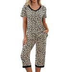 Dam 2-delad pyjamas sovkläder kortärmad t-shirt och capribyxor khaki leopard khaki leopard Khaki Leopard 3XL