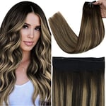 Fshine Invisible Wire Hair Extensions Vrais Cheveux Humains Balayage Secret Fish Line Extensions de Cheveux Naturel Noir Mixte Caramel Blond 70g avec Fil Transparent Humains 12Pouces