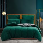 Housse de Couette Hiver 200x200 Chaude Flanelle Toucher Cashmere Polaire Parure de Lit en Velours Vert Foncé Gris Doux avec Fermeture Éclair, Linge de Lit 2 Personnes avec 2 Taies d'oreiller 65x65 cm