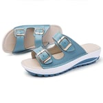 YCKZZR Beach Ladies Summer Platform Casual Female Flip Flops Womens Flat Slide Sandals with Arch Support 2 Strap Adjustable Buckle Slip on Slides Shoes Non Slip Rubber Sole,Blue,39