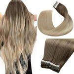 LaaVoo Extension Cheveux Naturel Adhesif Brun Clair Balayage Extension Adhesive Cheveux Naturel Brun Clair Ombre Blond Platine 40cm 40pcs/100g Bande Adhesive Extension Cheveux Huamin Remy #8/18/60