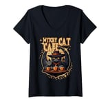 Womens WITCHY CAT CAFE cute Halloween witch cats having coffee V-Neck T-Shirt