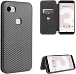 Compatible Avec Coque Google Pixel 3, Mince Flip Fibre De Carbone [Test De Chute] Antichoc Stand Fente Avec Carte, Protecteur D'écran En Verre Trempé*2-Noir