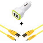 Pack Voiture Pour Iphone Lightning (2 Cables Smiley + Double Adaptateur Led Allume Cigare) Apple - Jaune